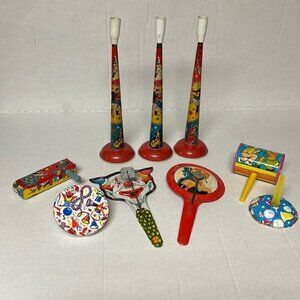 Lot of 9 Vintage Tin Noise Makers US Metal Toy Lithograph Party
